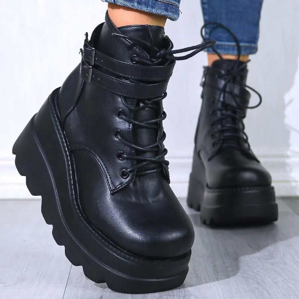 Botas de Moto Góticas Punk para Mujer | Plataforma Gruesa y Tacón de Cuña Alto | Moda Versátil | Envío Gratis | **FLIPISHOP.COM**