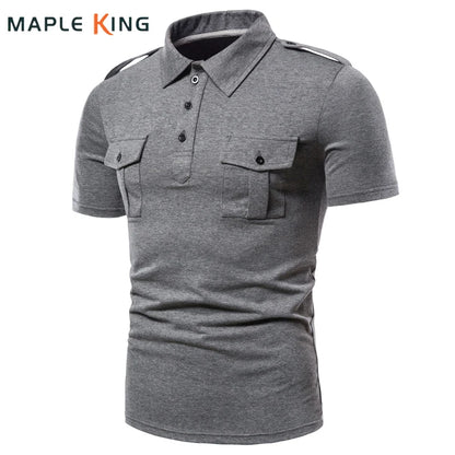 Camisa para hombre, nueva marca, informal, de color sólido, con doble bolsillo, para hombre, polo de entrenamiento de combate tipo cargo, camisetas de verano para hombre