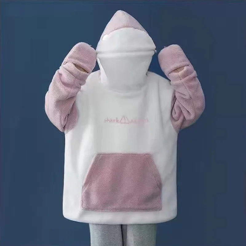 Sudaderas con capucha con forma de tiburón para parejas, blusas holgadas kawaii para mujer, sudaderas con capucha y cremallera de lana de cordero, suéteres con bolsillos grandes, Envío 0.00 $