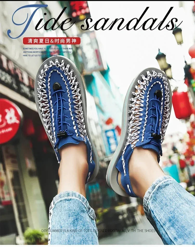 Sandalias de verano para hombre, zapatillas de mujer, diseño tejido, sandalias de playa, sandalias planas informales transpirables, sandalias para parejas al aire libre, talla 48