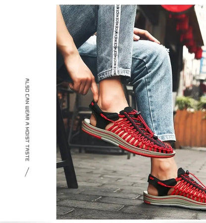 Sandalias de verano para hombre, zapatillas de mujer, diseño tejido, sandalias de playa, sandalias planas informales transpirables, sandalias para parejas al aire libre, talla 48