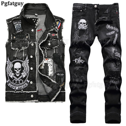 Conjunto de 2 Piezas para Hombre | Chaleco de Mezclilla Slim con Bordado de Calavera Negra y Jeans Rasgados | Envío Gratis en **FLIPISHOP.COM**