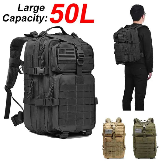 Mochila táctica de gran capacidad de 50 l para hombre, 3P, con parte trasera blanda, impermeable, para exteriores, para senderismo, camping y caza