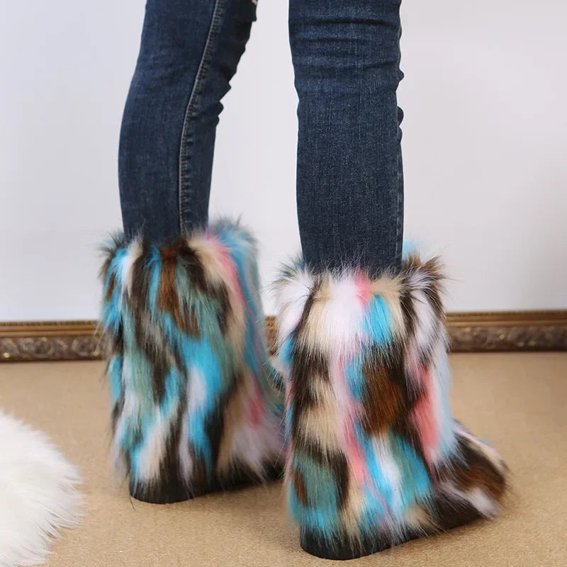 Botas de nieve de felpa de colores de moda-2024-para mujer, nuevas botas de invierno de pelo largo de zorro, cómodas, de algodón, antideslizantes, resistentes al desgaste, zapatos planos. Envío 0.00 $.