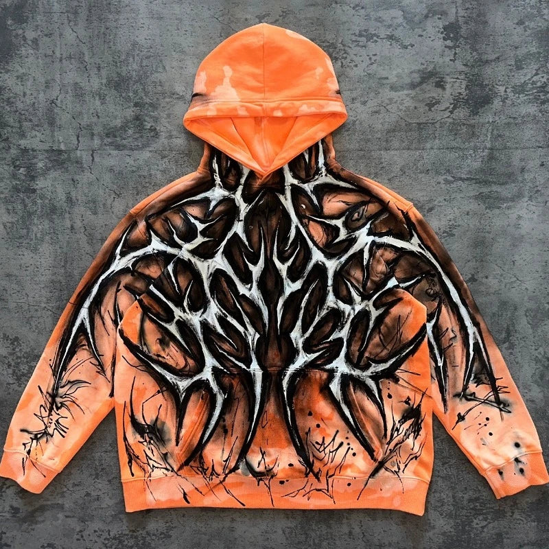 Sudadera con capucha de gran tamaño con estampado geométrico de diablo gótico de color naranja para hombre, estilo hip-hop de la calle de los años 2000, estilo casual Y2K, combinables con todo