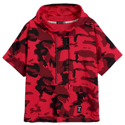 Camiseta con capucha para mujer, camiseta de algodón de manga corta con camuflaje, camisetas holgadas y finas de uniforme de camuflaje para estudiantes