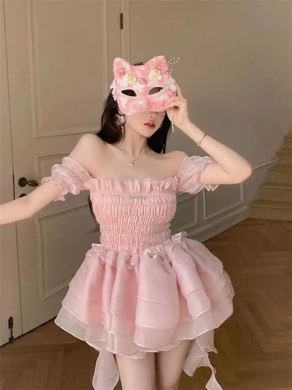 Vestido de Hada Rosa Dulce para Mujeres | Estilo Kawaii Lolita con Hombros Descubiertos | Envío Gratis **FLIPISHOP.COM**