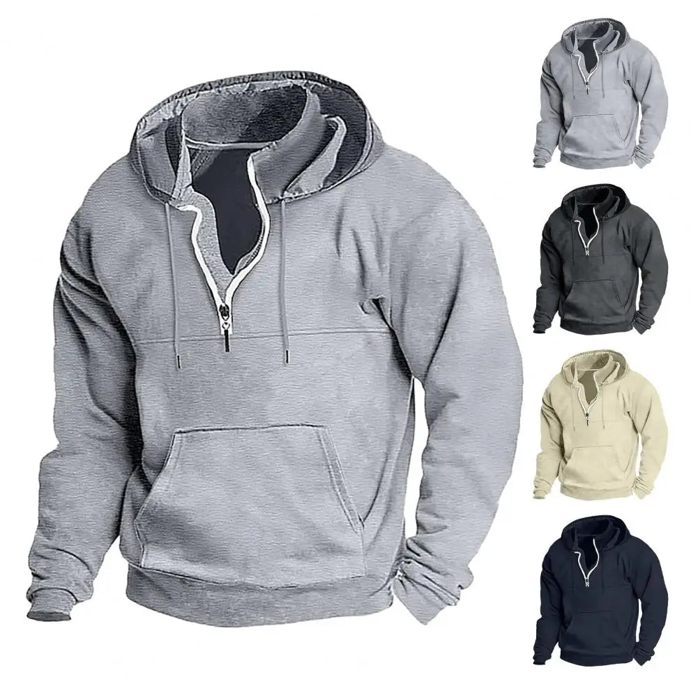 Sudadera con capucha holgada para hombre, estilo retro, de color sólido, con cremallera decorativa, cordón ajustable, suave y cálida, de manga larga con parche grande, Envío 0.00 $.