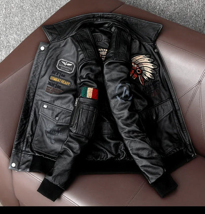 Chaqueta Nueva de Vuelo con Bordado Indio | Abrigo de Cuero Genuino para Motocicleta | Ropa de Moda delgada para Hombres | Envío Gratis en **FLIPISHOP.COM**