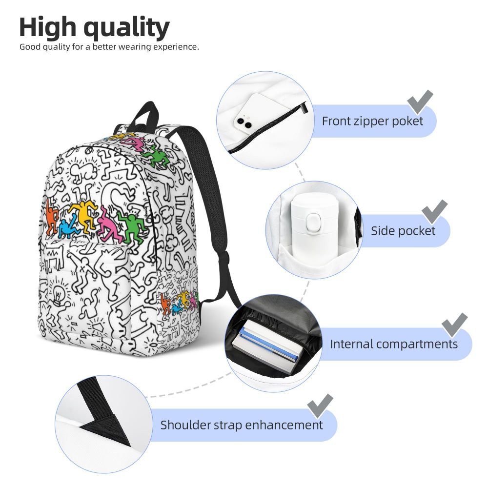 Mochilas de lona con 6 figuras de bailarinas de Haring para estudiantes universitarios y escolares, aptas para portátiles de 15 pulgadas, bolsos geométricos con grafitis de rap