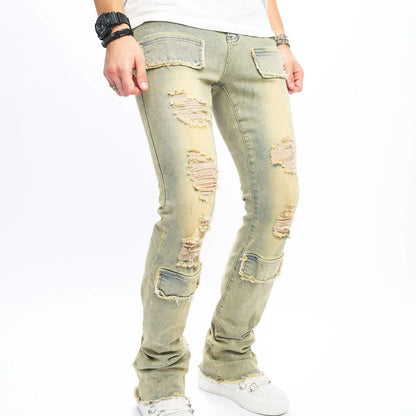 Jeans Skinny Apilados para Hombre | Mezclilla Elástica con Parches y Rayas Laterales | Envío Gratis en **FLIPISHOP.COM**