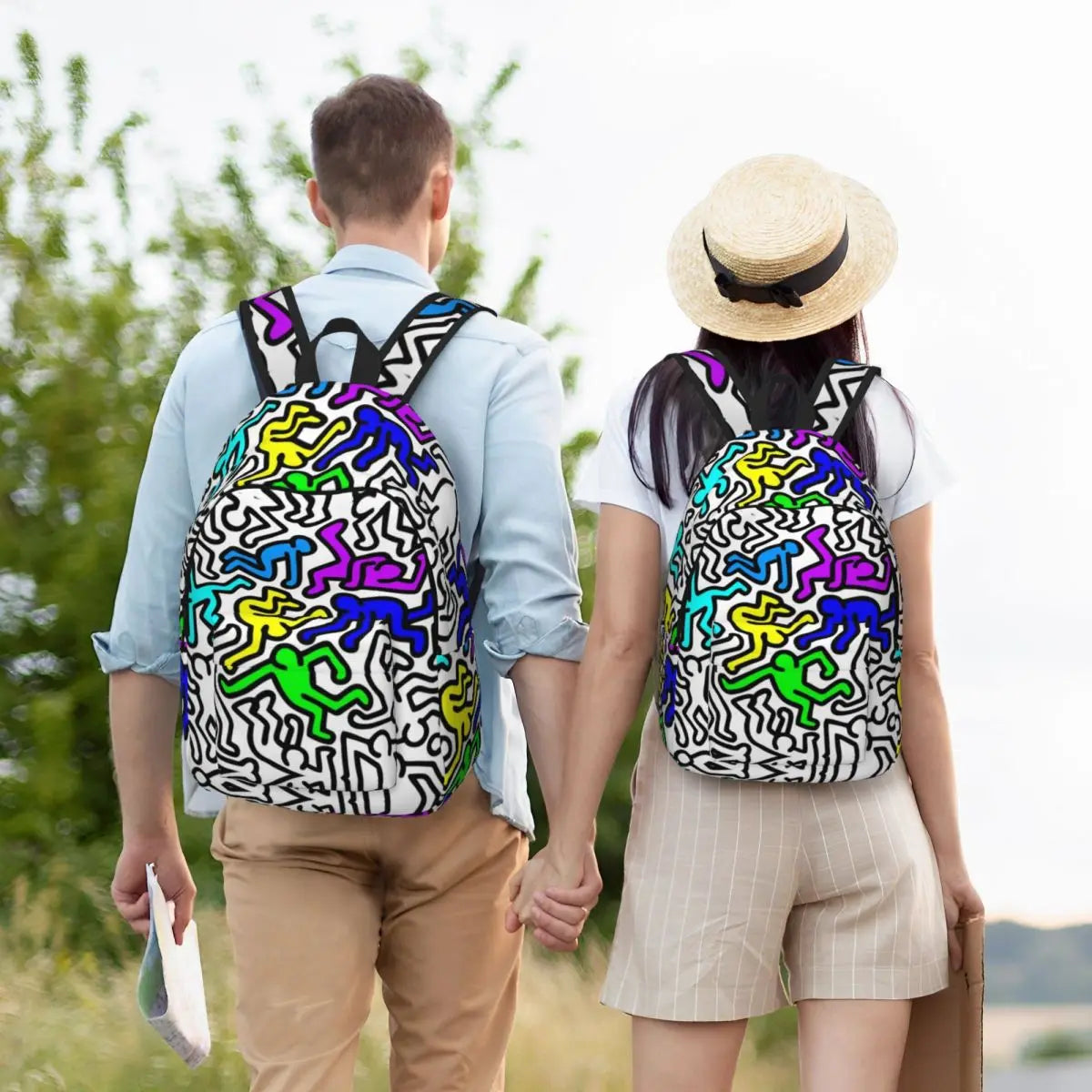 Mochilas de lona con 6 figuras de bailarinas de Haring para estudiantes universitarios y escolares, aptas para portátiles de 15 pulgadas, bolsos geométricos con grafitis de rap