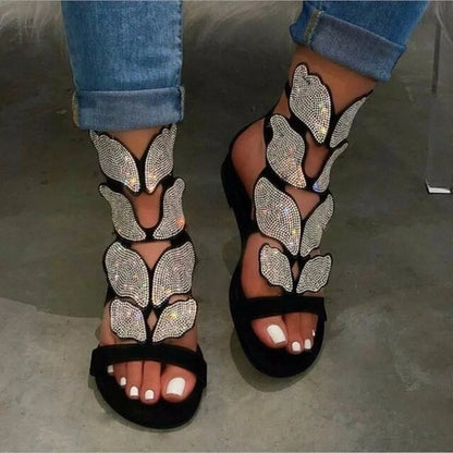 Sandalias de moda de verano 2024 para mujer, sandalias de gladiador con cristales y mariposas de talla grande, cómodas sandalias de punta abierta para mujer