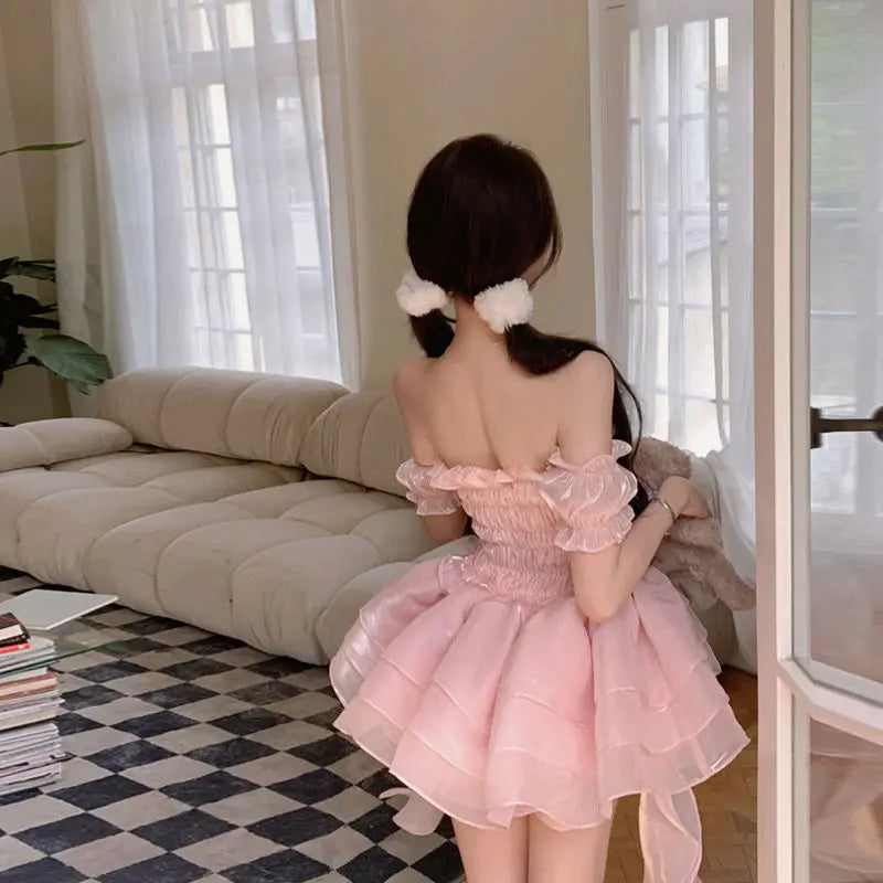 Vestido de Hada Rosa Dulce para Mujeres | Estilo Kawaii Lolita con Hombros Descubiertos | Envío Gratis **FLIPISHOP.COM**