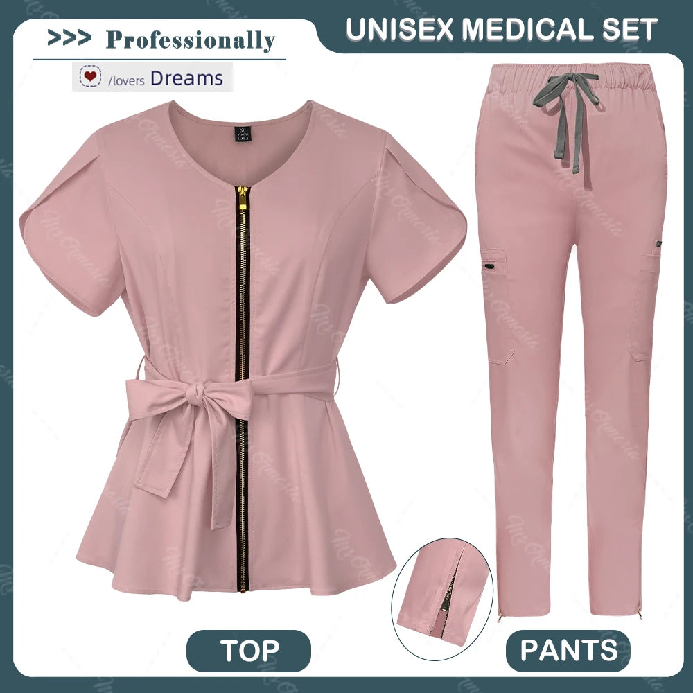 Conjunto de uniformes médicos para mujeres, ropa de belleza con cuello con cremallera, uniformes médicos antiarrugas de alta calidad, ropa de trabajo de enfermera de moda suave y cómoda, Envío 0.00 $.