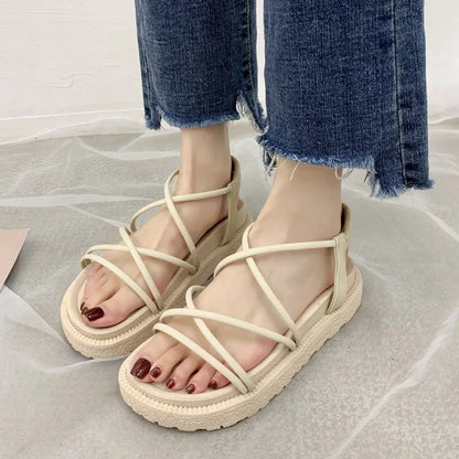 Sandalias de plataforma de verano 2024, sandalias de tiras cruzadas de estilo coreano para mujer, sandalias de cuña de estilo romano, zapatos de mujer, sandalias de mujer