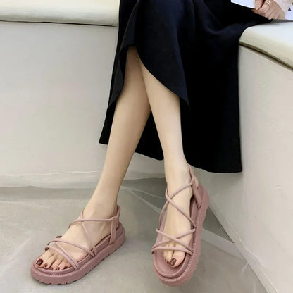 Sandalias de plataforma de verano 2024, sandalias de tiras cruzadas de estilo coreano para mujer, sandalias de cuña de estilo romano, zapatos de mujer, sandalias de mujer