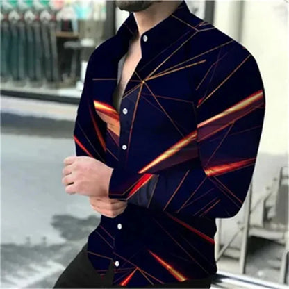 Camisa de hombre nueva de alta gama, camisa de manga larga con estampado 3D de línea dorada, camisa con botones de solapa , Envío 0.00 $.