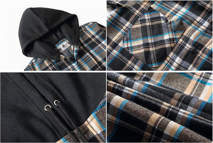 Camisa a cuadros de manga larga para hombre Camisas de cárdigan con capucha casuales holgadas para mujer