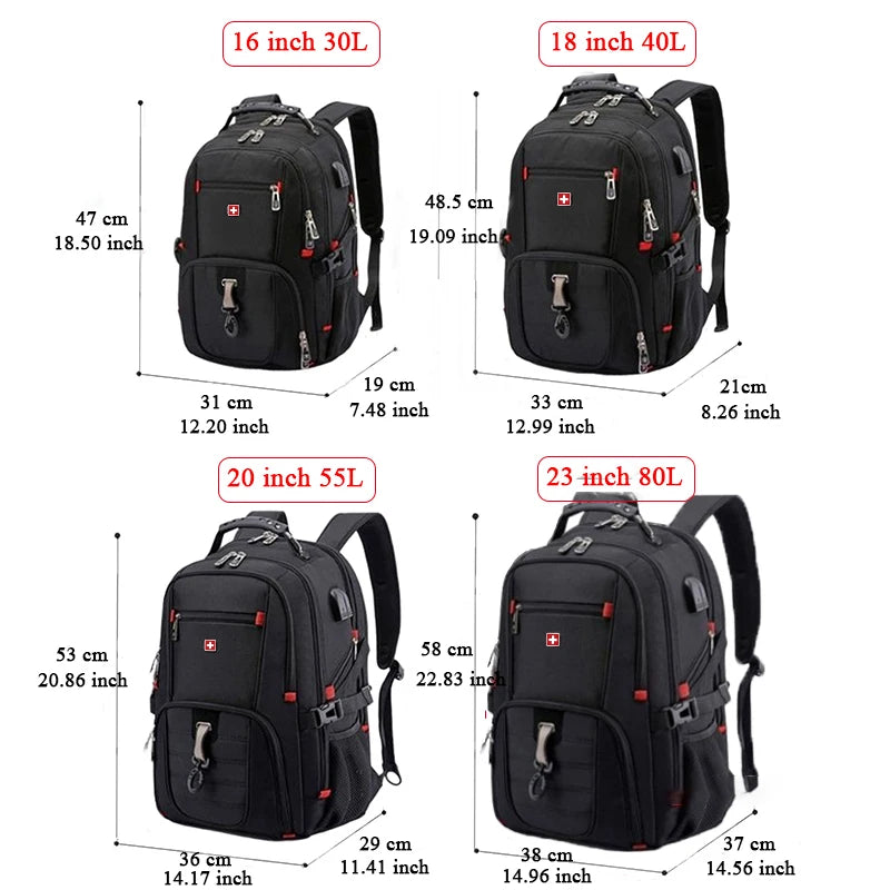 Mochila duradera para portátil de 17 pulgadas Bolsa de viaje de 80 L Mochila universitaria Carga USB Impermeable Multifuncional Mochila