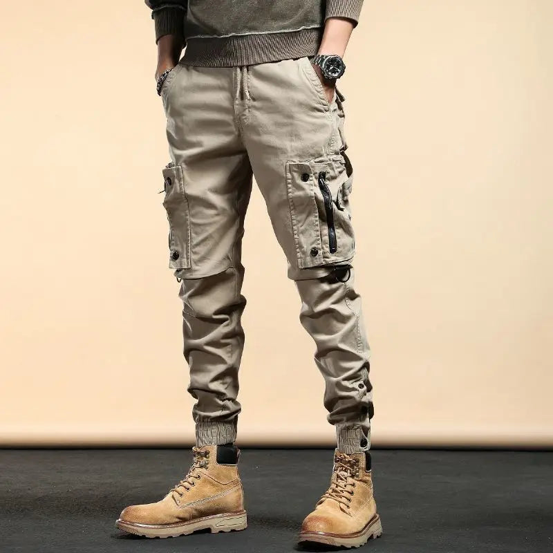 Pantalones cargo ajustados de primavera y otoño 2024 de mezcla de algodón con cordón y cremallera informales para hombre de moda coreana