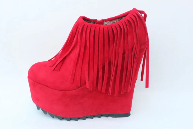 Botas de tacón alto para mujer, cuñas de 15 cm, zapatos de mujer, botas de plataforma con diseño de borlas rojas y negras, invierno WSH 5005, Envío 0.00 $.