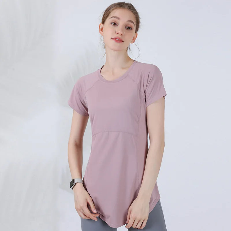 Camiseta deportiva de yoga para mujer, camisetas de manga corta que cubren la cadera, camiseta de gimnasio, ropa de entrenamiento físico, camisetas ajustadas, blusa de secado rápido