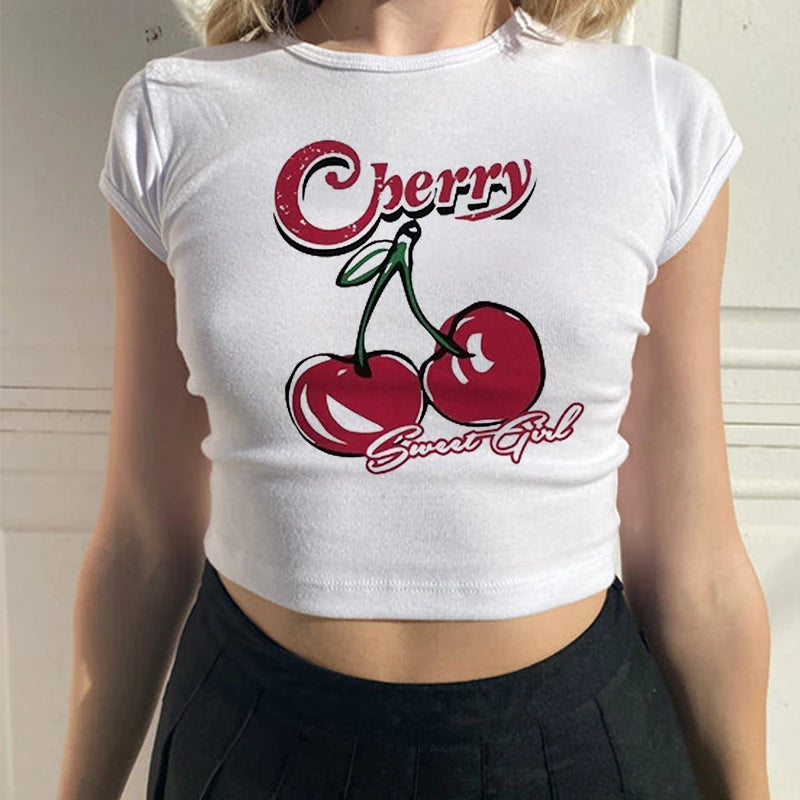 Camisetas con gráficos de cerezas góticas, ropa urbana punk grunge, top corto para mujer, camiseta blanca ajustada de verano