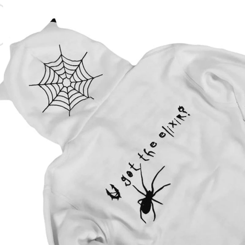 Sudadera con capucha estilo Y2K para mujer, sudadera con capucha gótica con orejas de diablo, sudadera con capucha con estampado de letras de araña, sudadera con cremallera, sudadera punk, chaqueta Y2k 2023