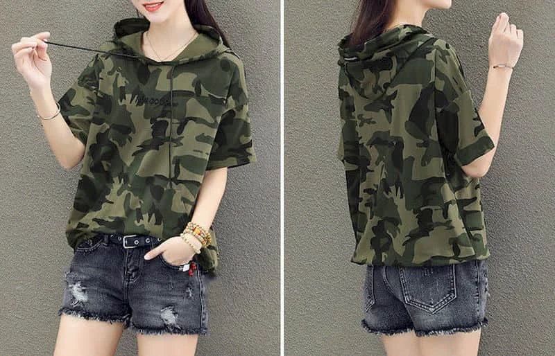 Camiseta con capucha para mujer, camiseta de algodón de manga corta con camuflaje, camisetas holgadas y finas de uniforme de camuflaje para estudiantes