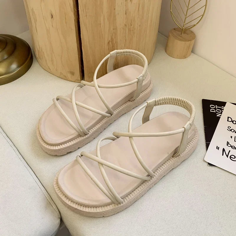 Sandalias de plataforma de verano 2024, sandalias de tiras cruzadas de estilo coreano para mujer, sandalias de cuña de estilo romano, zapatos de mujer, sandalias de mujer