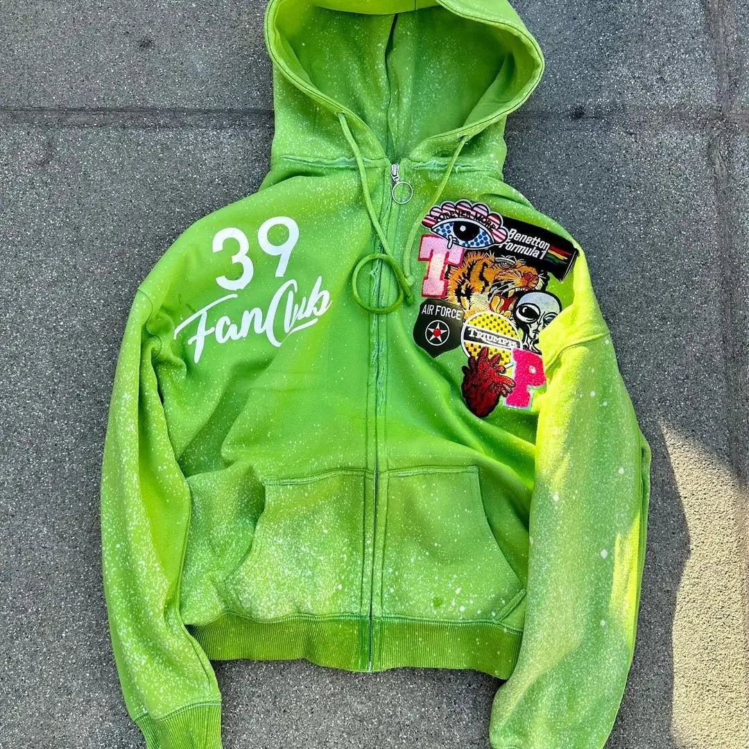 Sudadera con capucha y cremallera gótica Y2K, diseño retro con patrón multicolor, sudadera holgada estilo hip hop estilo Harajuku para hombre y mujer