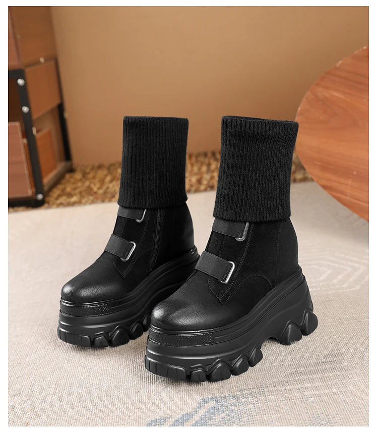 Botas de invierno nuevas de media pantorrilla modernas con tacón alto de 12 cm y plataforma que aumenta la altura con tejido de felpa en el interior para mujer, Envío 0.00 $.