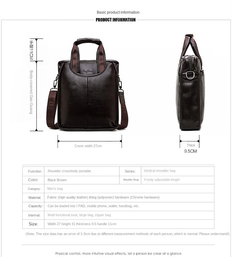 Maletines de cuero suave vintage para hombre Bolso de mano vertical de negocios Bolso de mensajero de hombro masculino de oficina