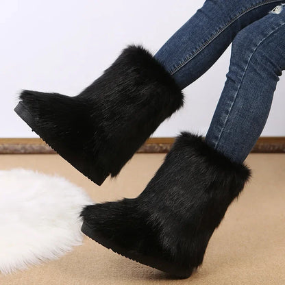 Botas de nieve de felpa de colores de moda-2024-para mujer, nuevas botas de invierno de pelo largo de zorro, cómodas, de algodón, antideslizantes, resistentes al desgaste, zapatos planos. Envío 0.00 $.