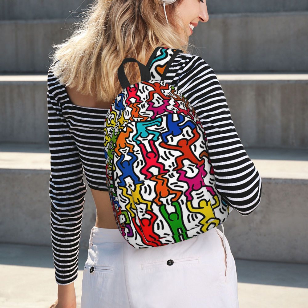 Mochilas de lona con 6 figuras de bailarinas de Haring para estudiantes universitarios y escolares, aptas para portátiles de 15 pulgadas, bolsos geométricos con grafitis de rap