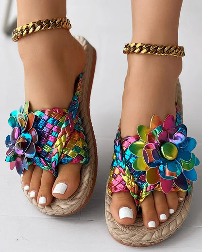 Sandalias casuales de moda para mujer, chanclas planas con estampado floral trenzado holográfico para vacaciones, para playa