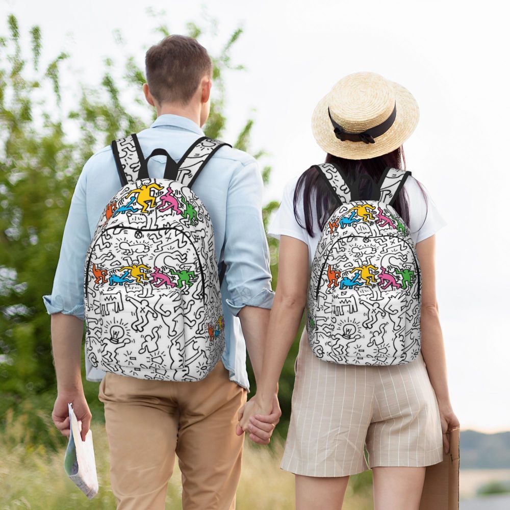 Mochilas de lona con 6 figuras de bailarinas de Haring para estudiantes universitarios y escolares, aptas para portátiles de 15 pulgadas, bolsos geométricos con grafitis de rap