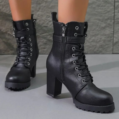 Botas de plataforma con tacones altos para mujer, botines de invierno con cremallera para mujer, zapatos cómodos de tacón grueso para ir a la oficina