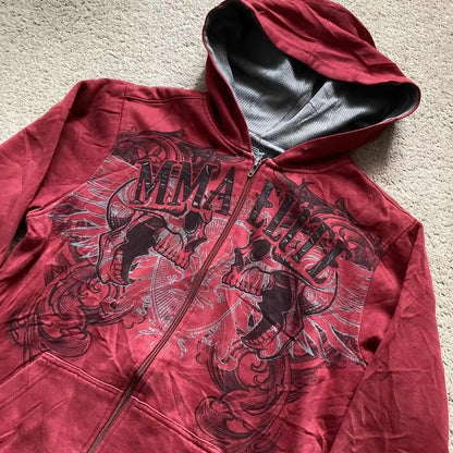 Sudadera Roja Vintage Y2K con Capucha | Cremallera Completa, Moda - 2025. | Estampado de Calavera y Serpiente | Envíos Gratis **FLIPISHOP.COM**