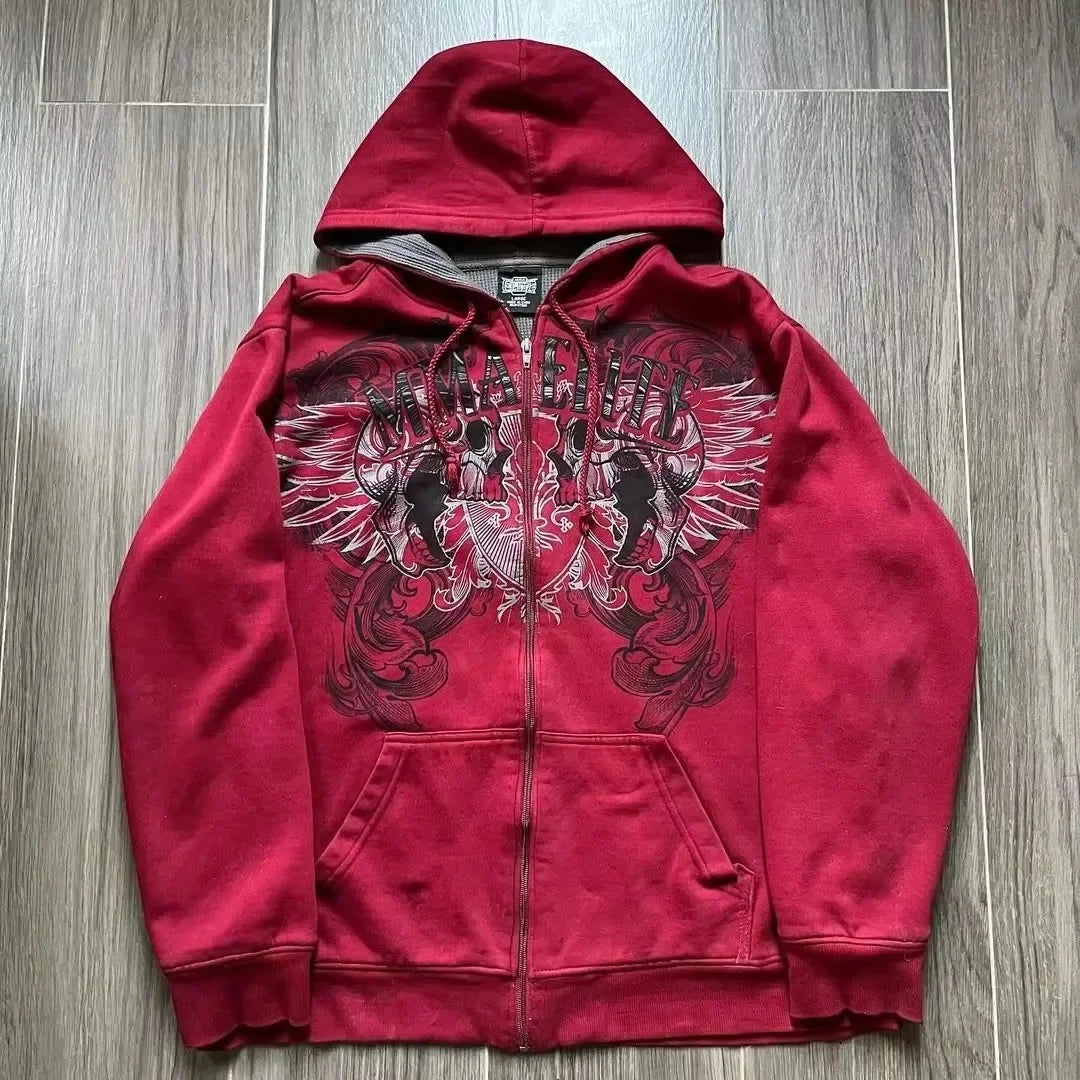 Sudadera Roja Vintage Y2K con Capucha | Cremallera Completa, Moda - 2025. | Estampado de Calavera y Serpiente | Envíos Gratis **FLIPISHOP.COM**