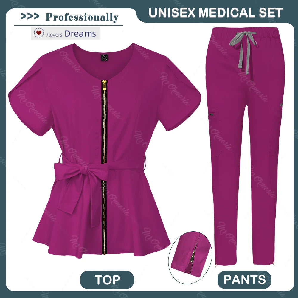 Conjunto de uniformes médicos para mujeres, ropa de belleza con cuello con cremallera, uniformes médicos antiarrugas de alta calidad, ropa de trabajo de enfermera de moda suave y cómoda, Envío 0.00 $.