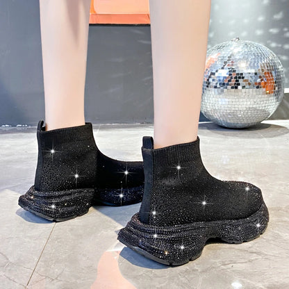 Botines de punto con plataforma y cuña para niña, de tejido elástico y con cuentas, sin cordones, para primavera y otoño, a la moda, con diamantes de imitación