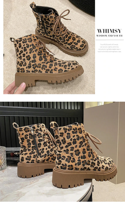 Botas de Invierno CHAXIAOA con Estampado de Leopardo | Puntera Redonda, Tacón Grueso y Cordones | Moda Versátil 2024 | Envío Gratis | **FLIPISHOP.COM**