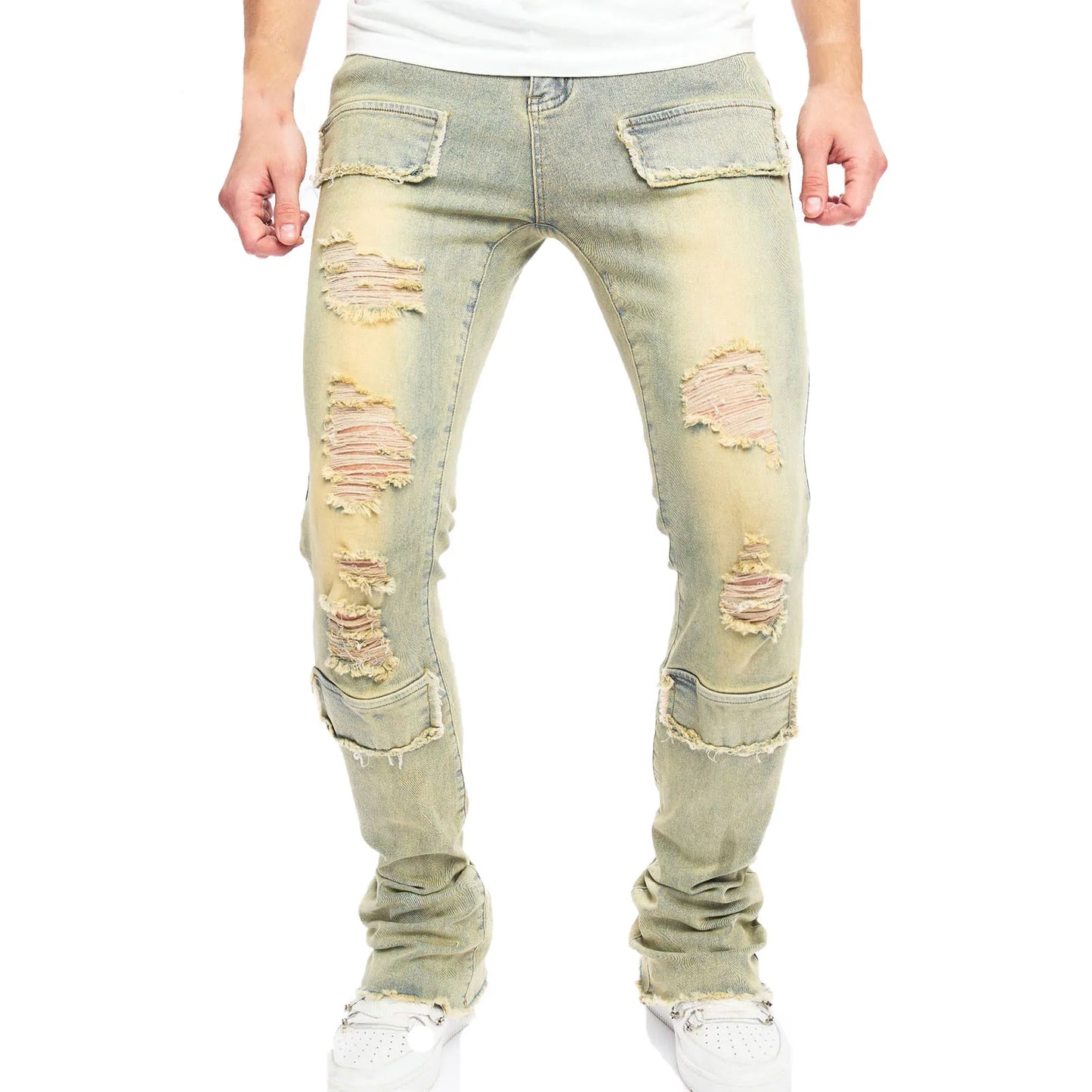 Jeans Skinny Apilados para Hombre | Mezclilla Elástica con Parches y Rayas Laterales | Envío Gratis en **FLIPISHOP.COM**