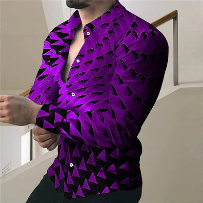 Camisa de manga larga 3D 2024 con solapa y botonadura sencilla con estampado luminoso informal de lujo para hombre, Envío 0.00 $.