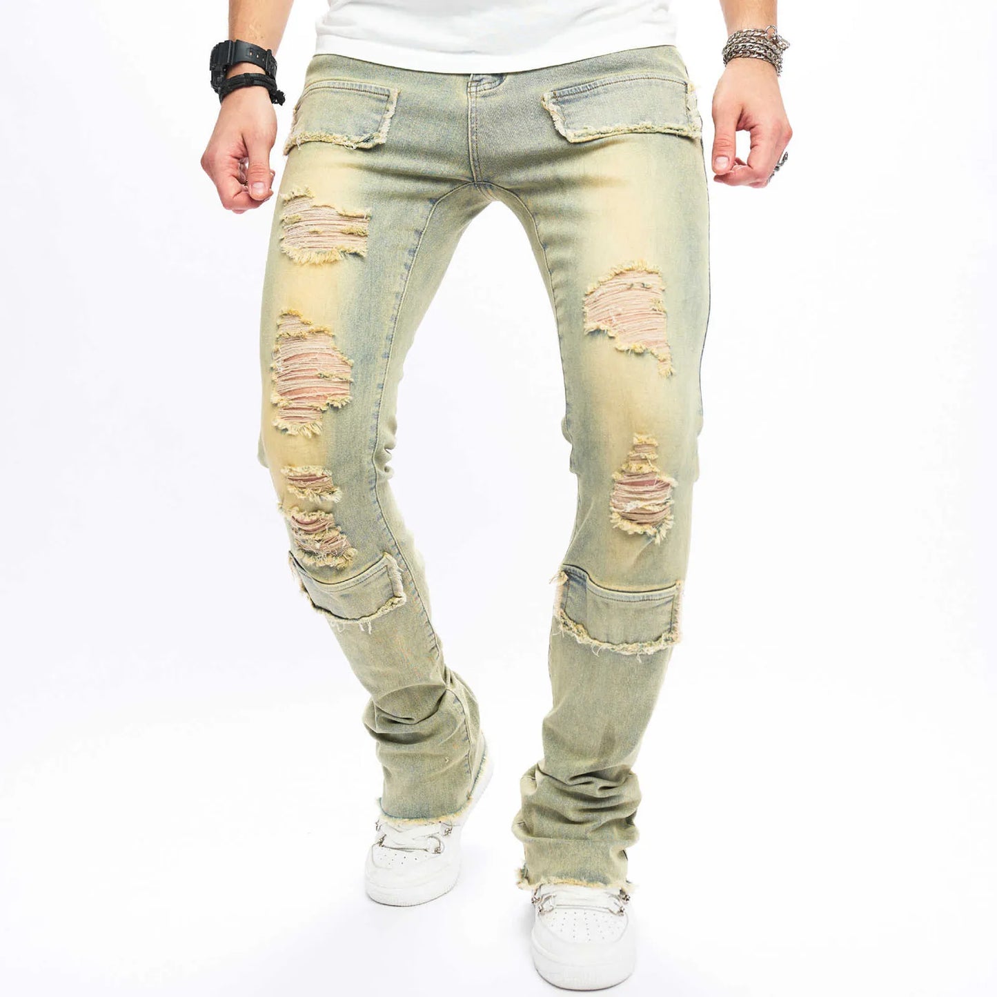 Jeans Skinny Apilados para Hombre | Mezclilla Elástica con Parches y Rayas Laterales | Envío Gratis en **FLIPISHOP.COM**