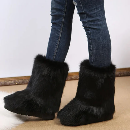 Botas de nieve de felpa de colores de moda-2024-para mujer, nuevas botas de invierno de pelo largo de zorro, cómodas, de algodón, antideslizantes, resistentes al desgaste, zapatos planos. Envío 0.00 $.