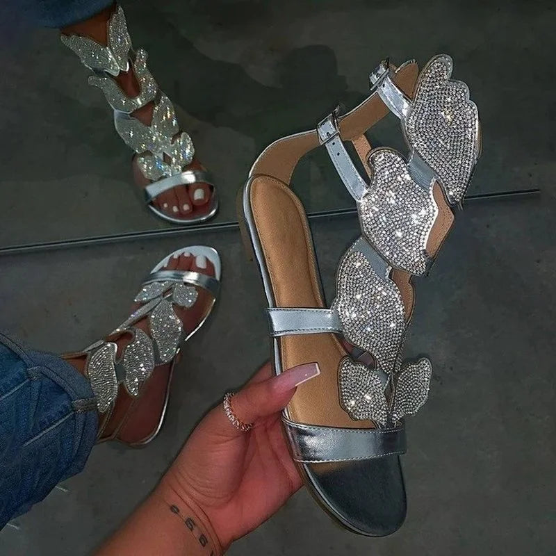 Sandalias de moda de verano 2024 para mujer, sandalias de gladiador con cristales y mariposas de talla grande, cómodas sandalias de punta abierta para mujer