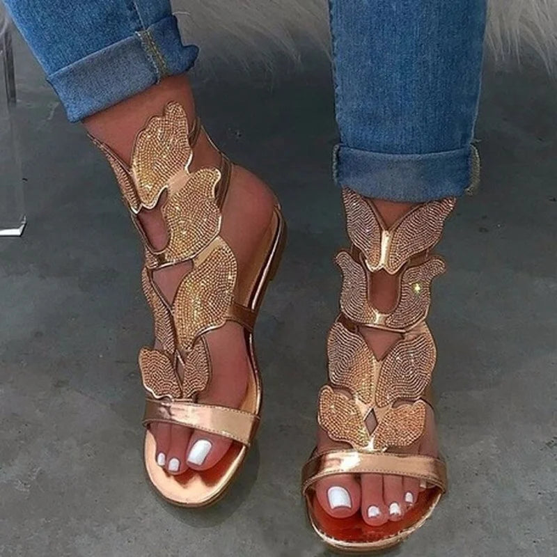 Sandalias de moda de verano 2024 para mujer, sandalias de gladiador con cristales y mariposas de talla grande, cómodas sandalias de punta abierta para mujer